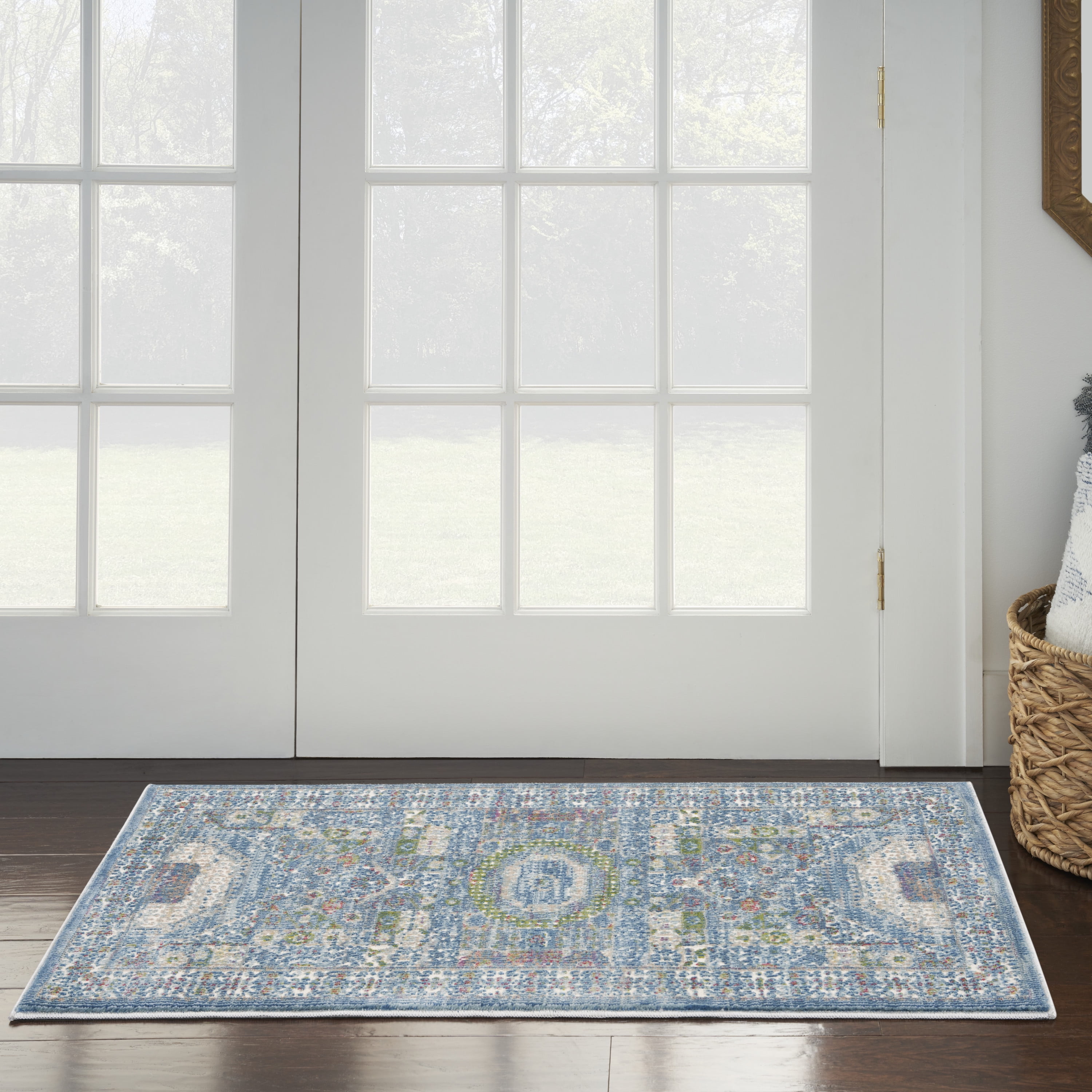 Ivory and Light Blue Synthetic Bohemian Area Rug
