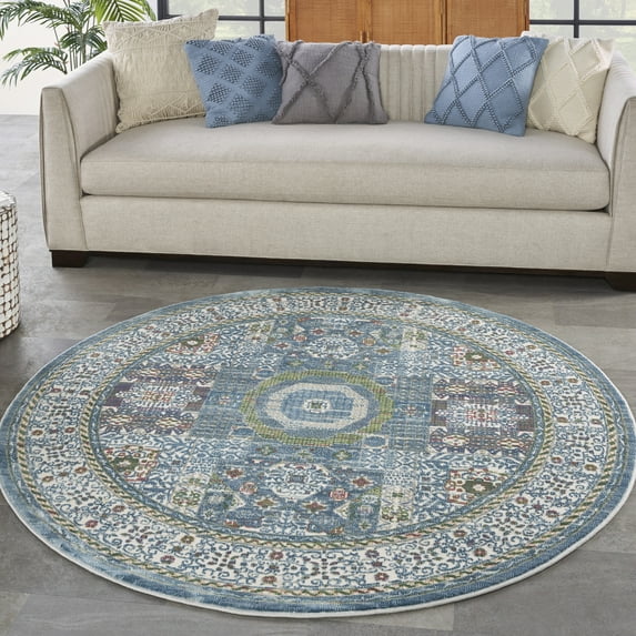 Nourison Global Vintage French Country Ivory Light Blue 6' x ROUND Area Rug, (6' Round)