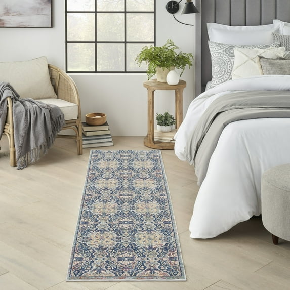 Nourison Global Vintage Geometric Navy Multicolor 2'4" x 8' Area Rug, (8' Runner)