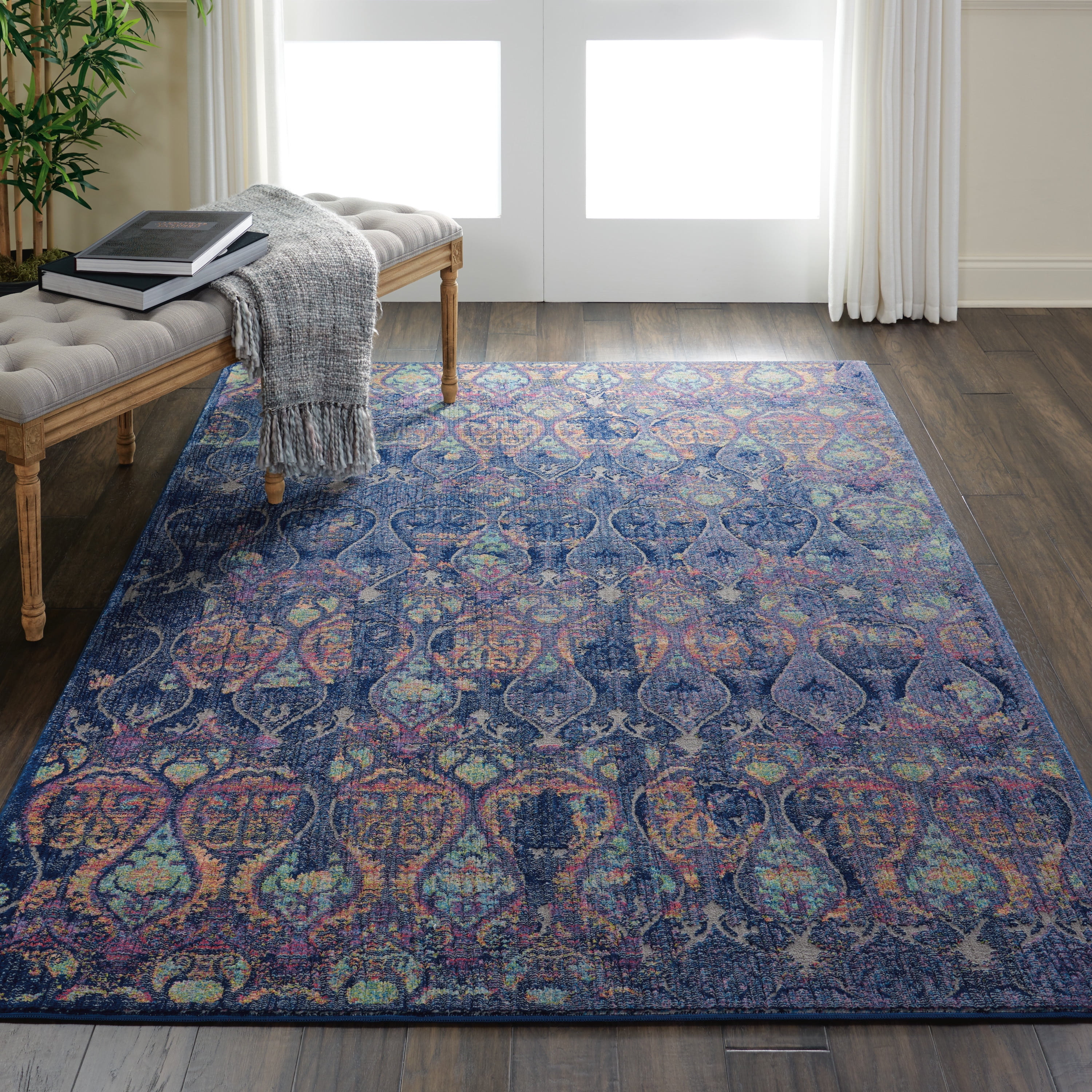 Handmade Navy and Multicolor Synthetic 4' x 6' Area Rug