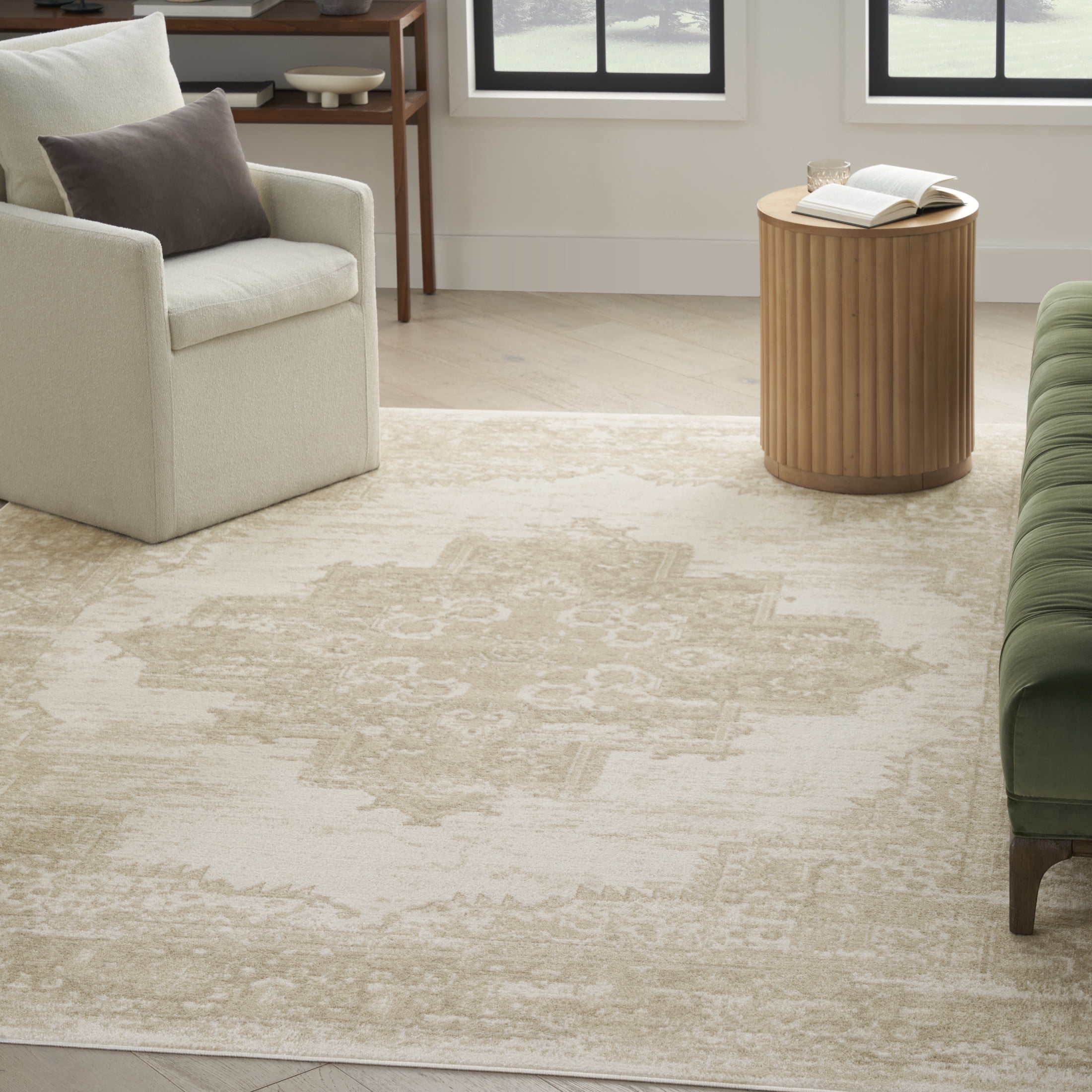 Ivory Beige Medallion 6' x 9' Stain-Resistant Area Rug