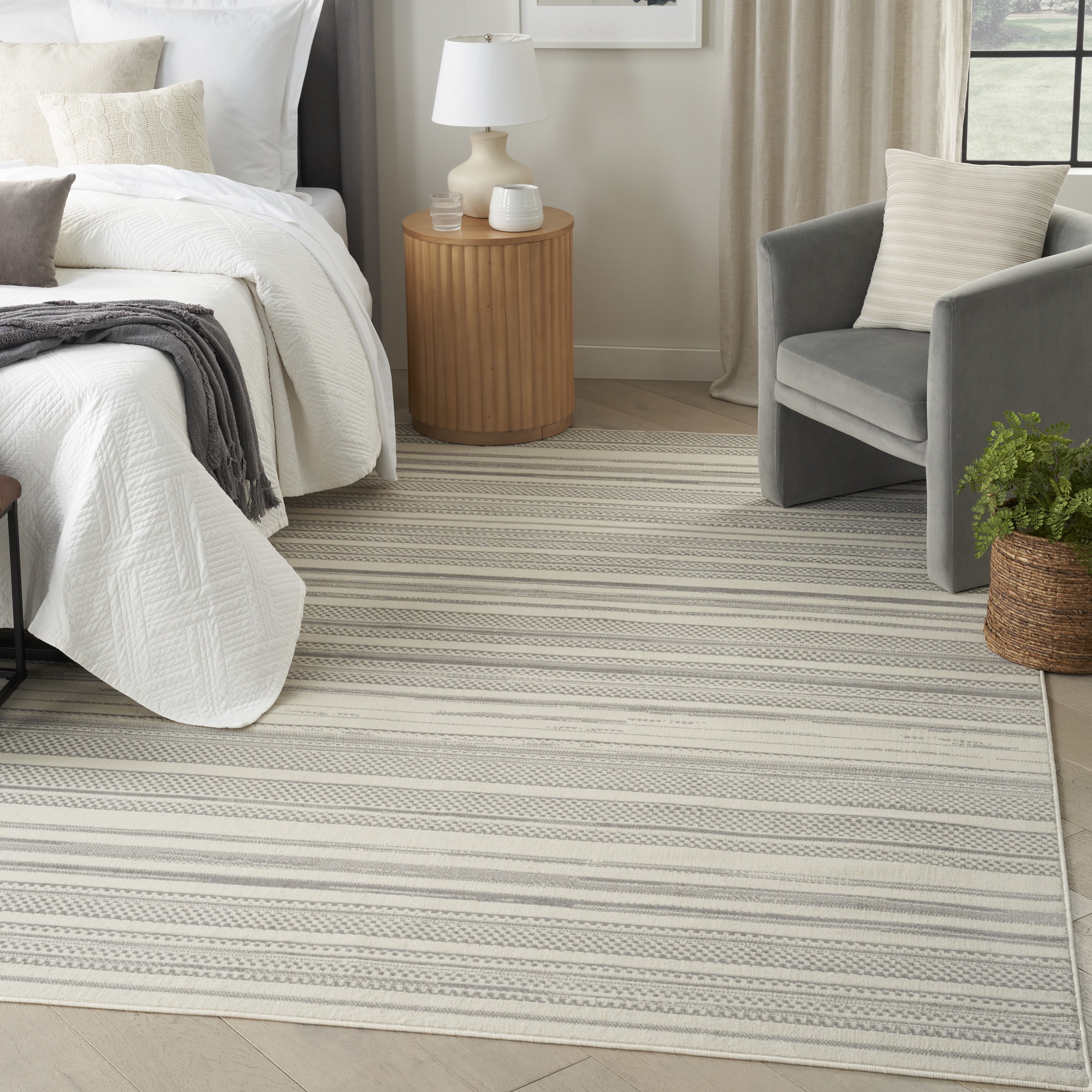 Ivory Grey Striped Synthetic 5' x 7' Area Rug