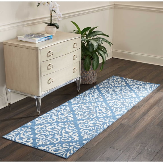 Nourison Grafix Damask Blue 2'3" x 7'6" Area Rug, (2x8)