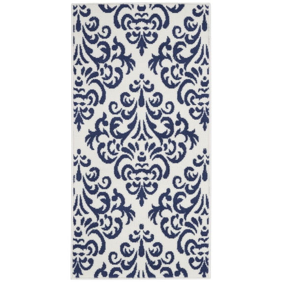 Nourison Grafix Damask White/Blue 2' x 4' Area Rug, (2x4)
