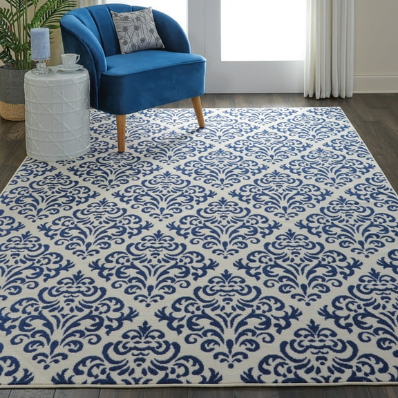 Nourison Grafix Damask White/Blue 6' x 9' Area Rug, (6x9)