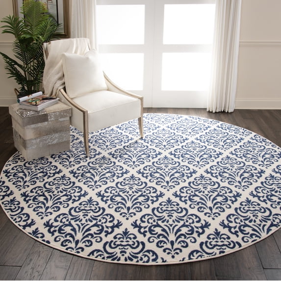Nourison Grafix Damask White/Blue 8' x ROUND Area Rug, (8 Round)