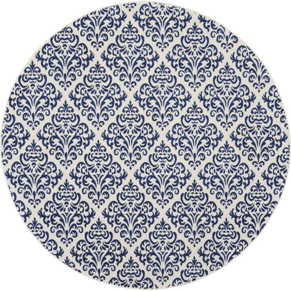 Nourison Grafix 8' x ROUND (8' Round) White/Blue Area Rug Vintage Transitional Damask by Nourison