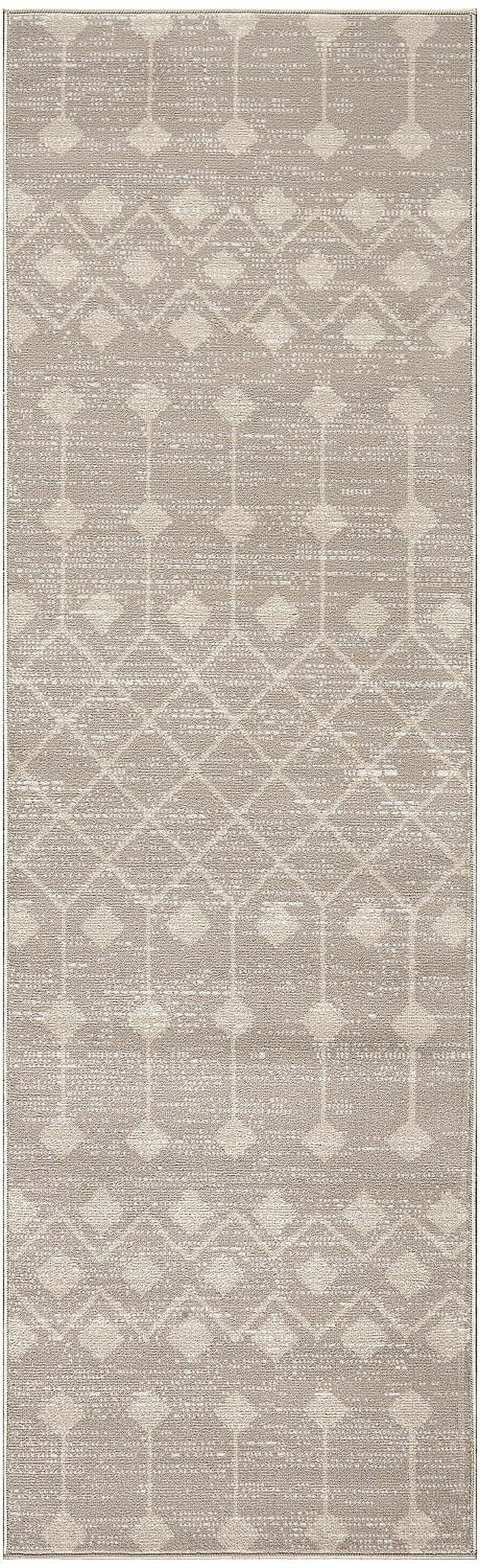 Beige Geometric Power-Loomed Runner Rug with Latex Backing