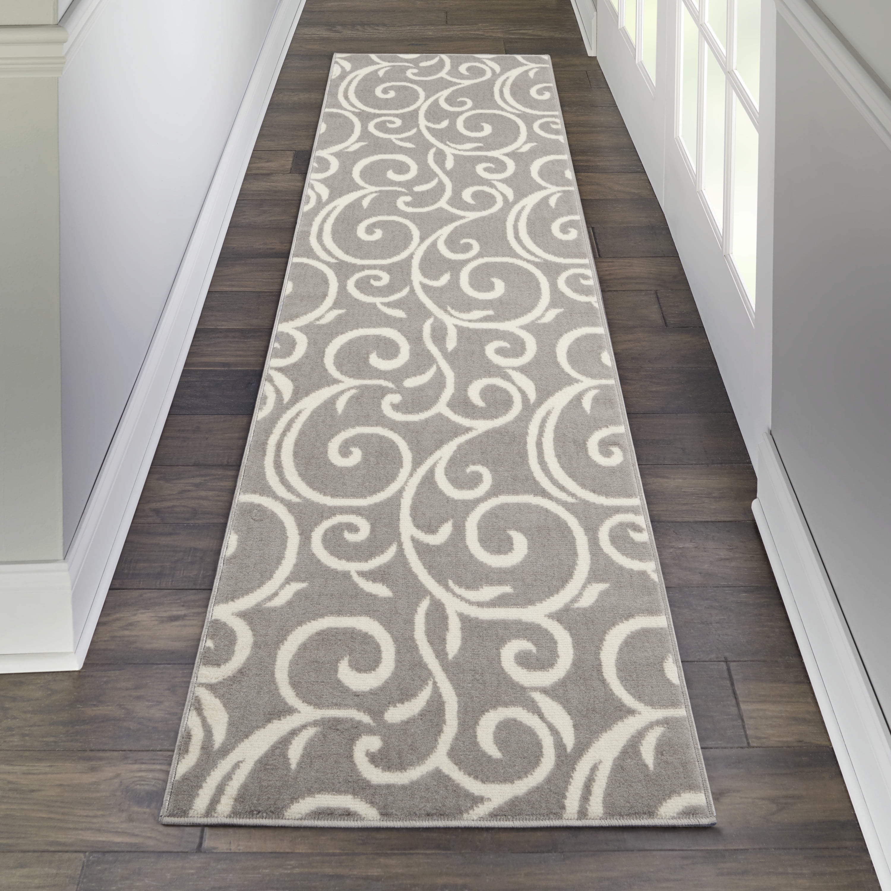 Elysian Swirls Hand-Knotted Grey Synthetic Runner Rug, 2'3" x 7'6"