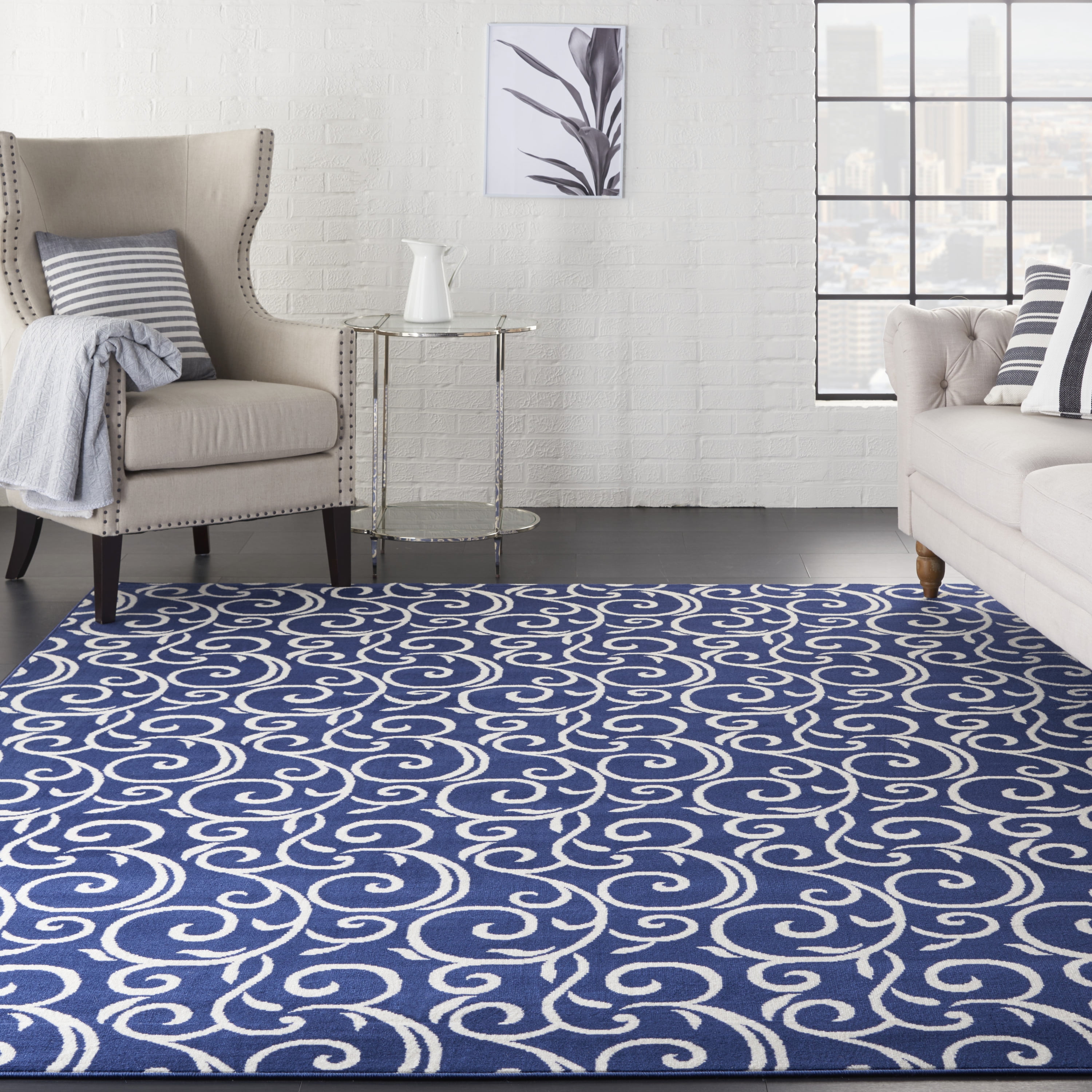 Navy Abstract Botanical 8' x 10' Synthetic Easy-Care Area Rug