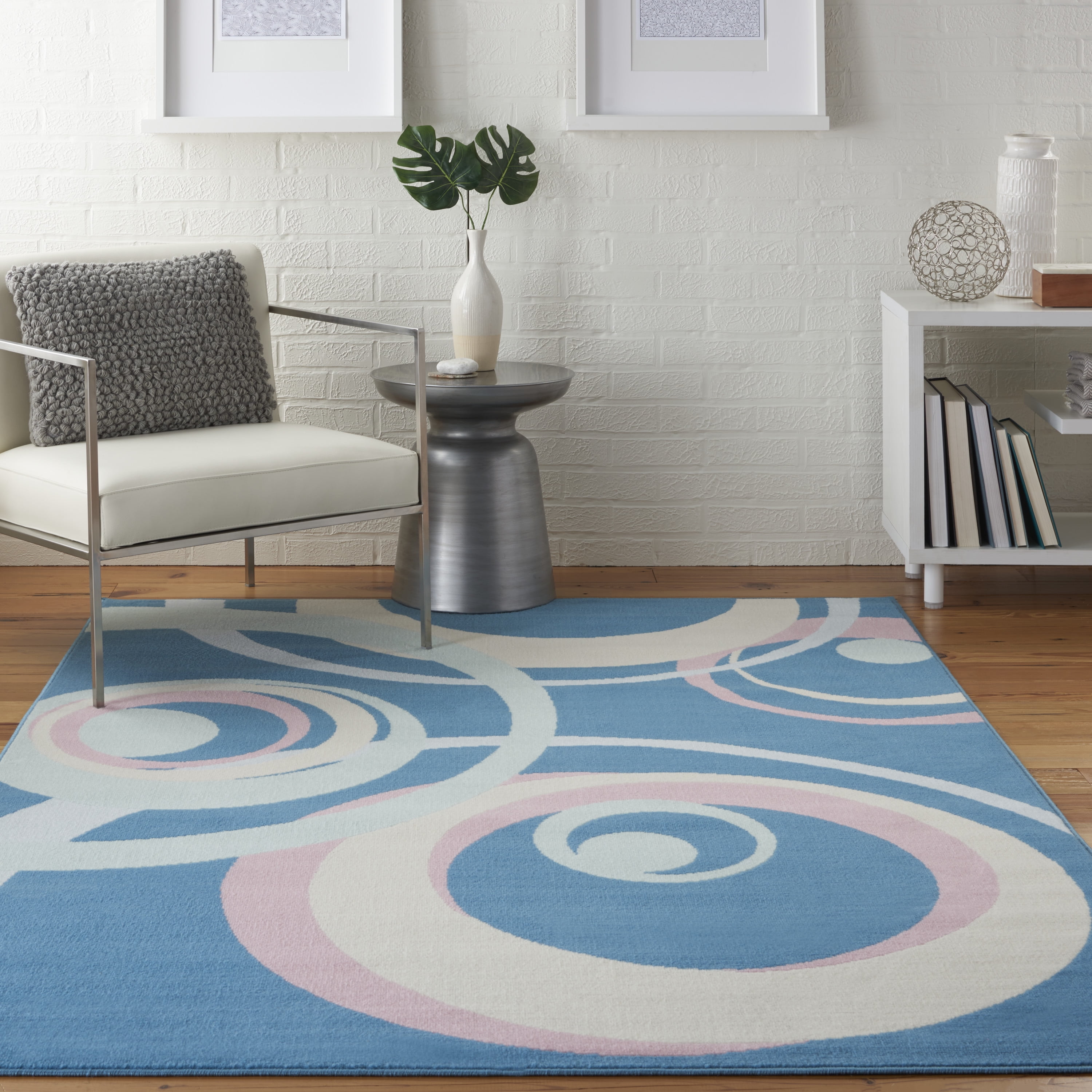 Retro Blue Multi Concentric Ring 6' x 9' Synthetic Area Rug