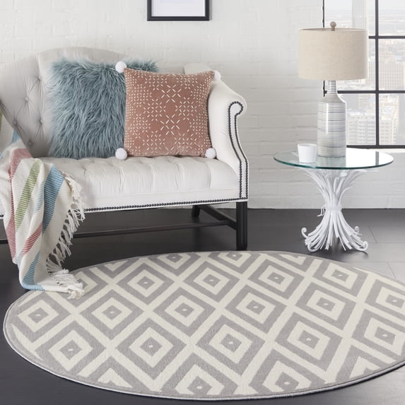 Nourison Grafix Geometric White/Grey 5'3" x ROUND Area Rug, (5 Round)