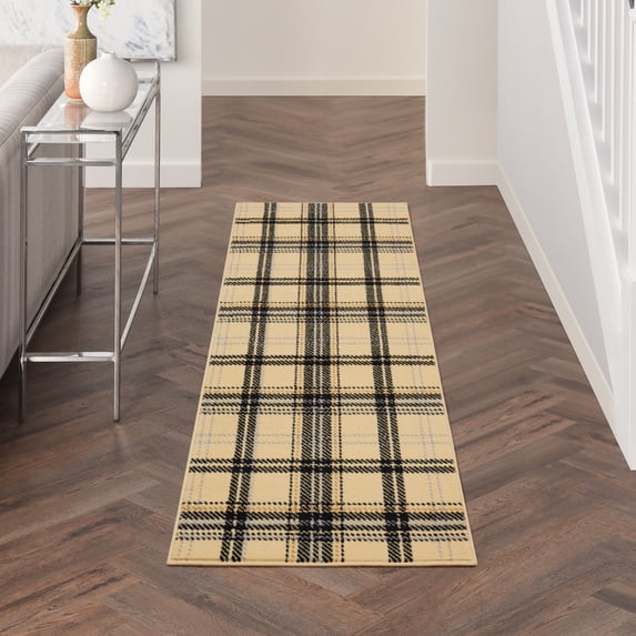 Nourison Grafix Modern Plaid Cream/Black 2'3" x 7'6" Area Rug, (8' Runner)