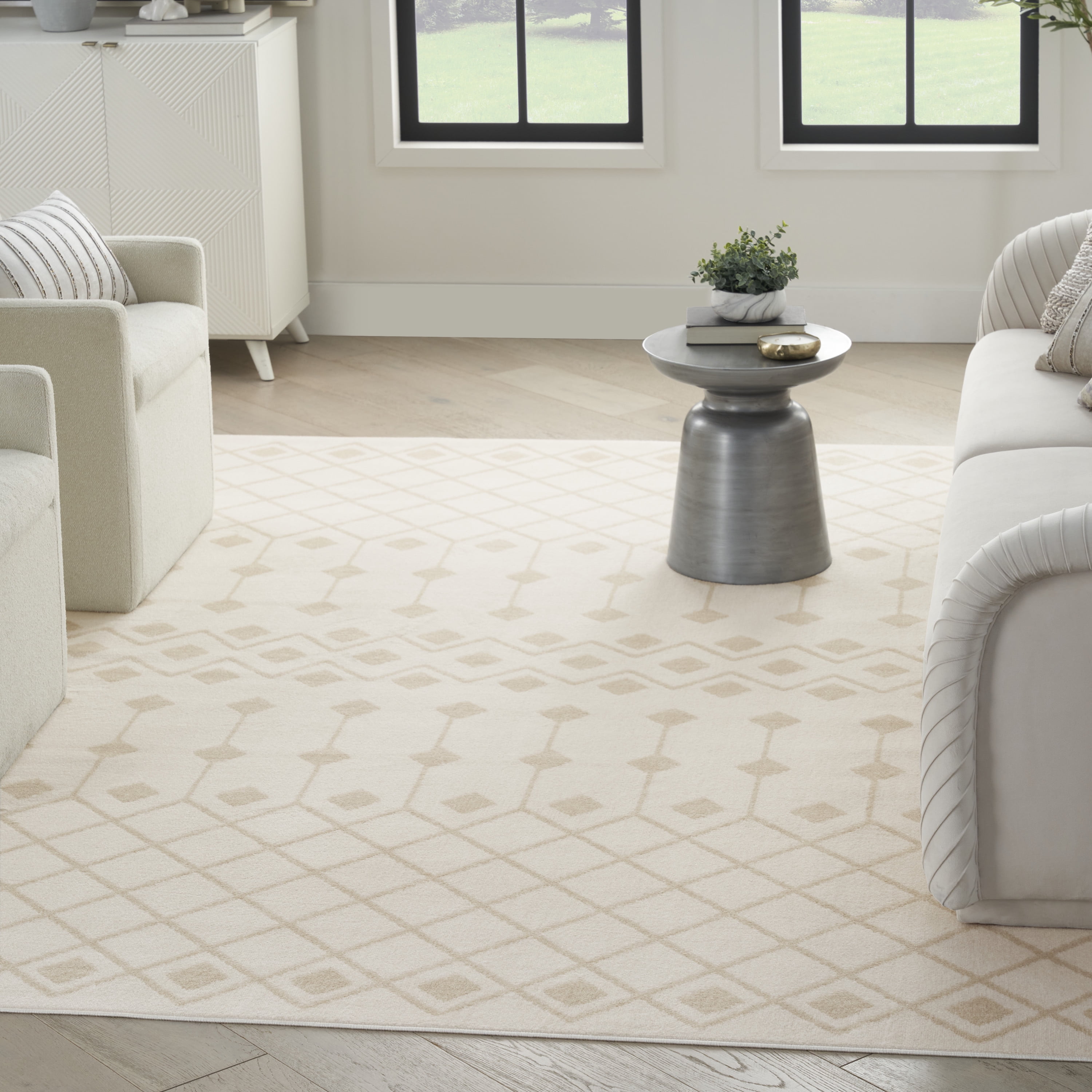 Ivory Beige Geometric Synthetic 5' x 7' Area Rug
