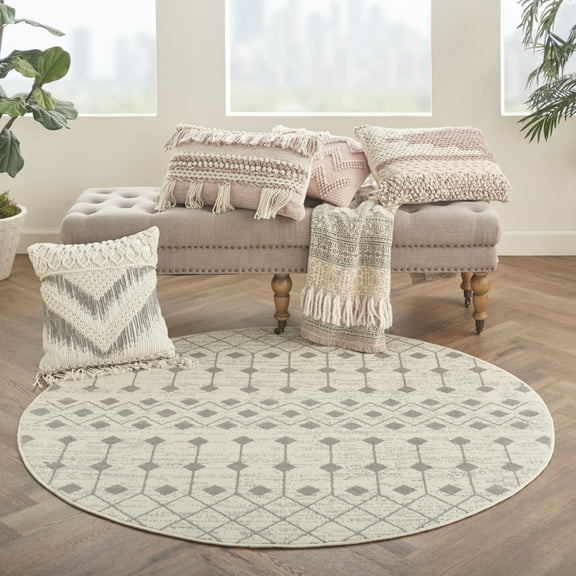 Nourison Grafix Moroccan Ivory/Grey 5'3" x ROUND Area Rug, (5 Round)