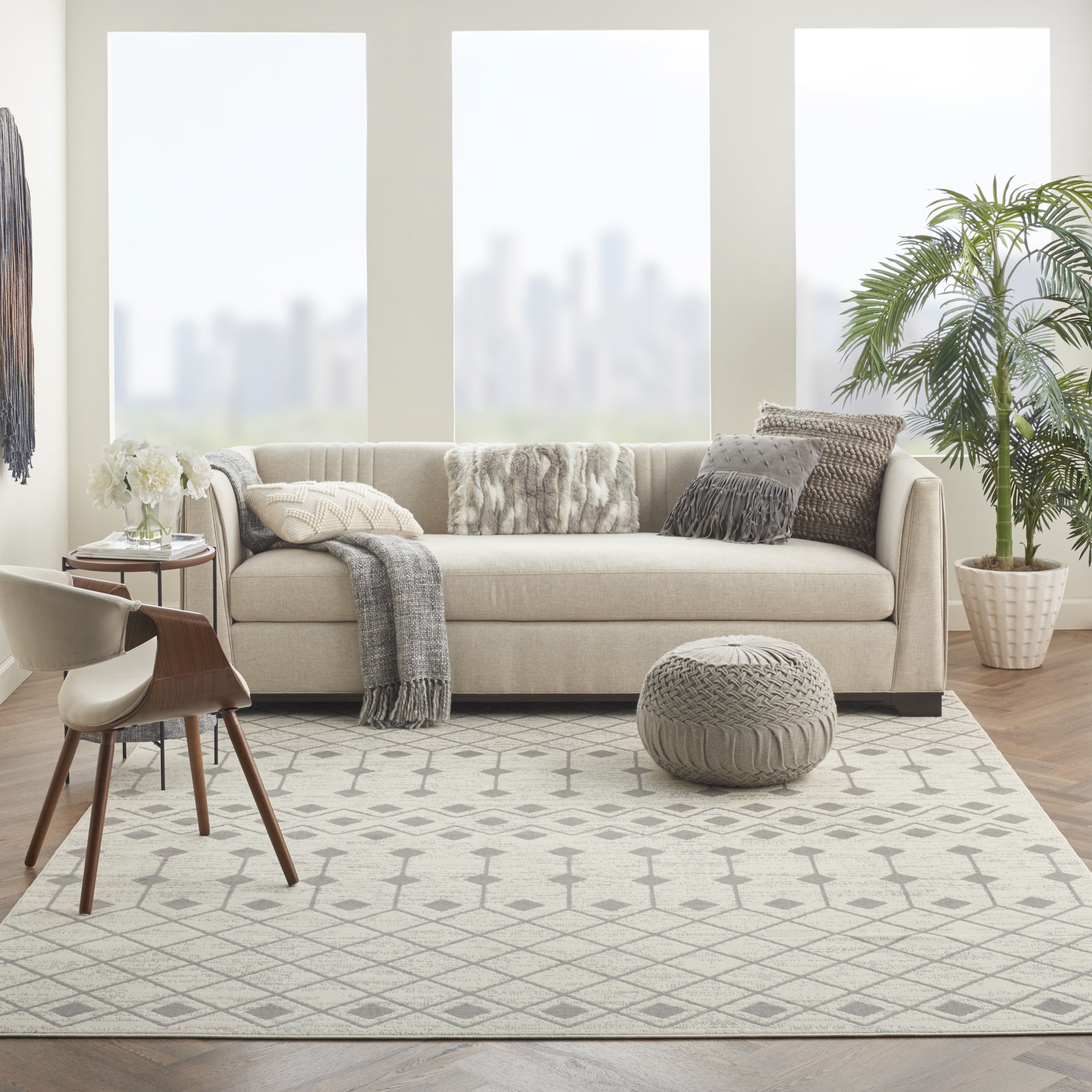 Ivory and Grey Geometric Hand-Knotted 7'10" x 9'10" Synthetic Area Rug