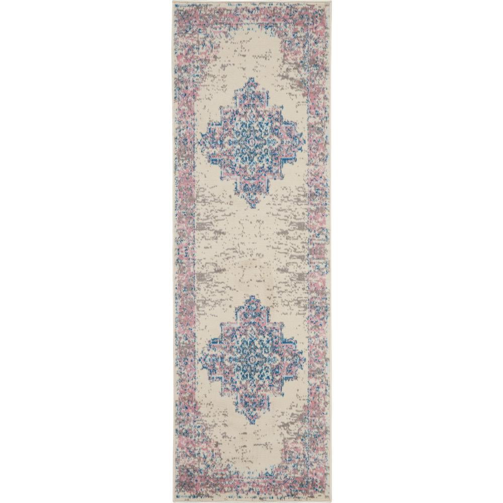Elegant Ivory & Pink Medallion Hand-Knotted Runner Rug
