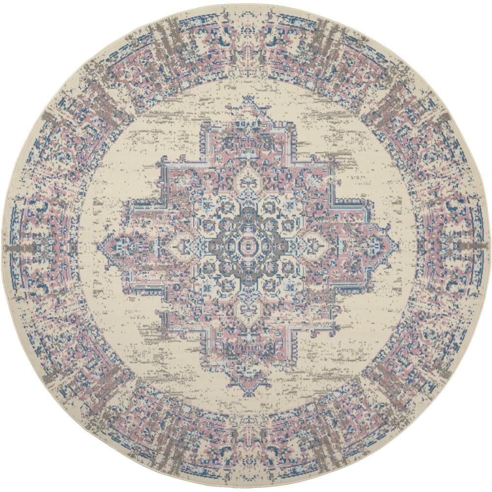 Elegant Medallion Hand-Knotted Round Rug in Ivory and Pink
