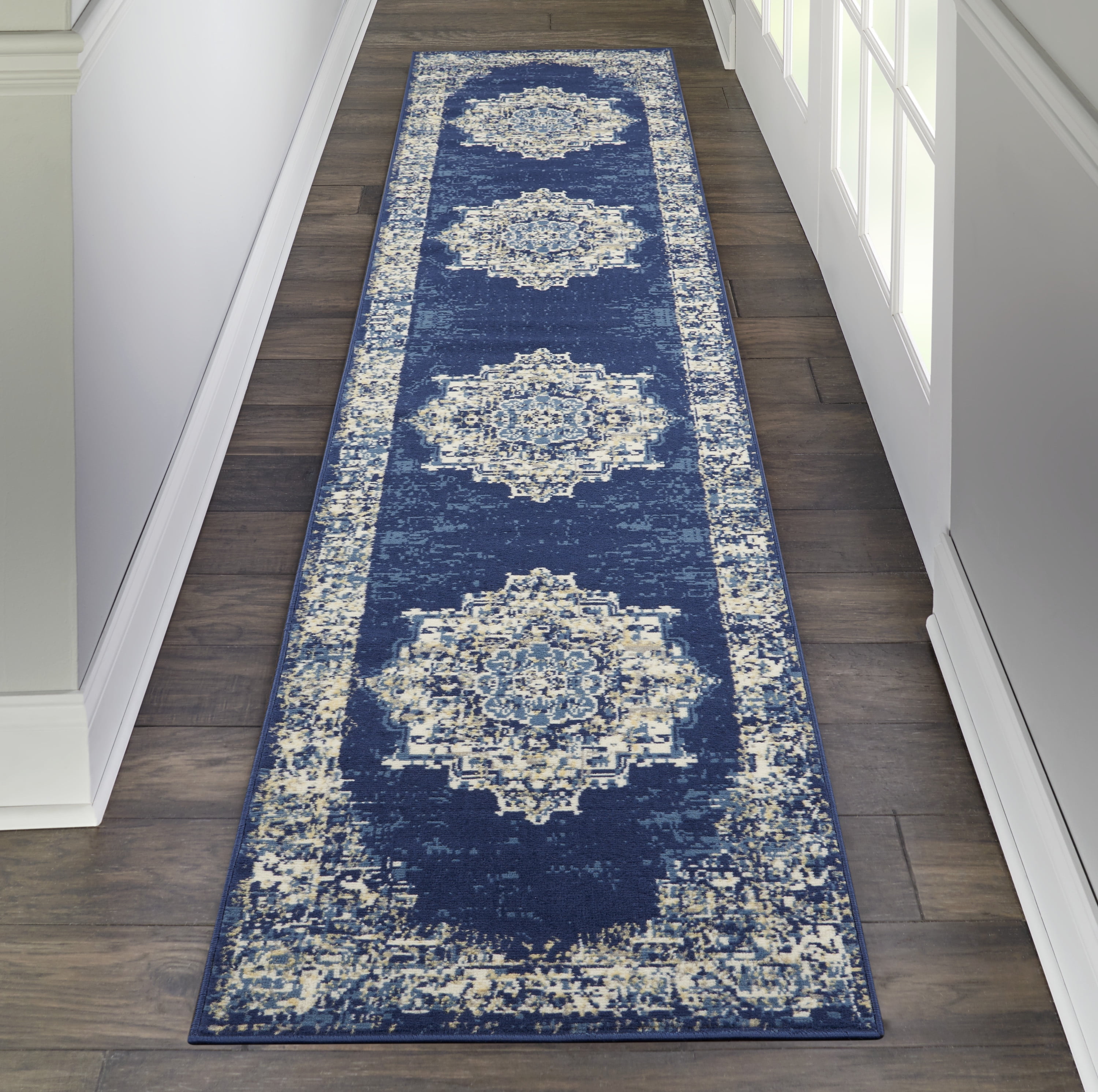 Elegant Navy Blue Medallion Medium Synthetic Rug