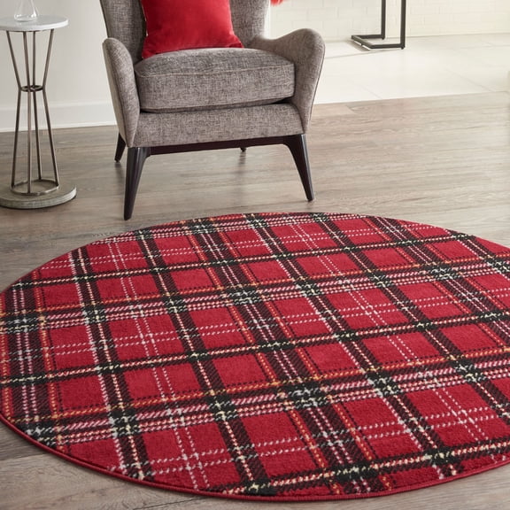 Nourison Grafix Plaid Red 5'3" x ROUND Area Rug, (5 Round)