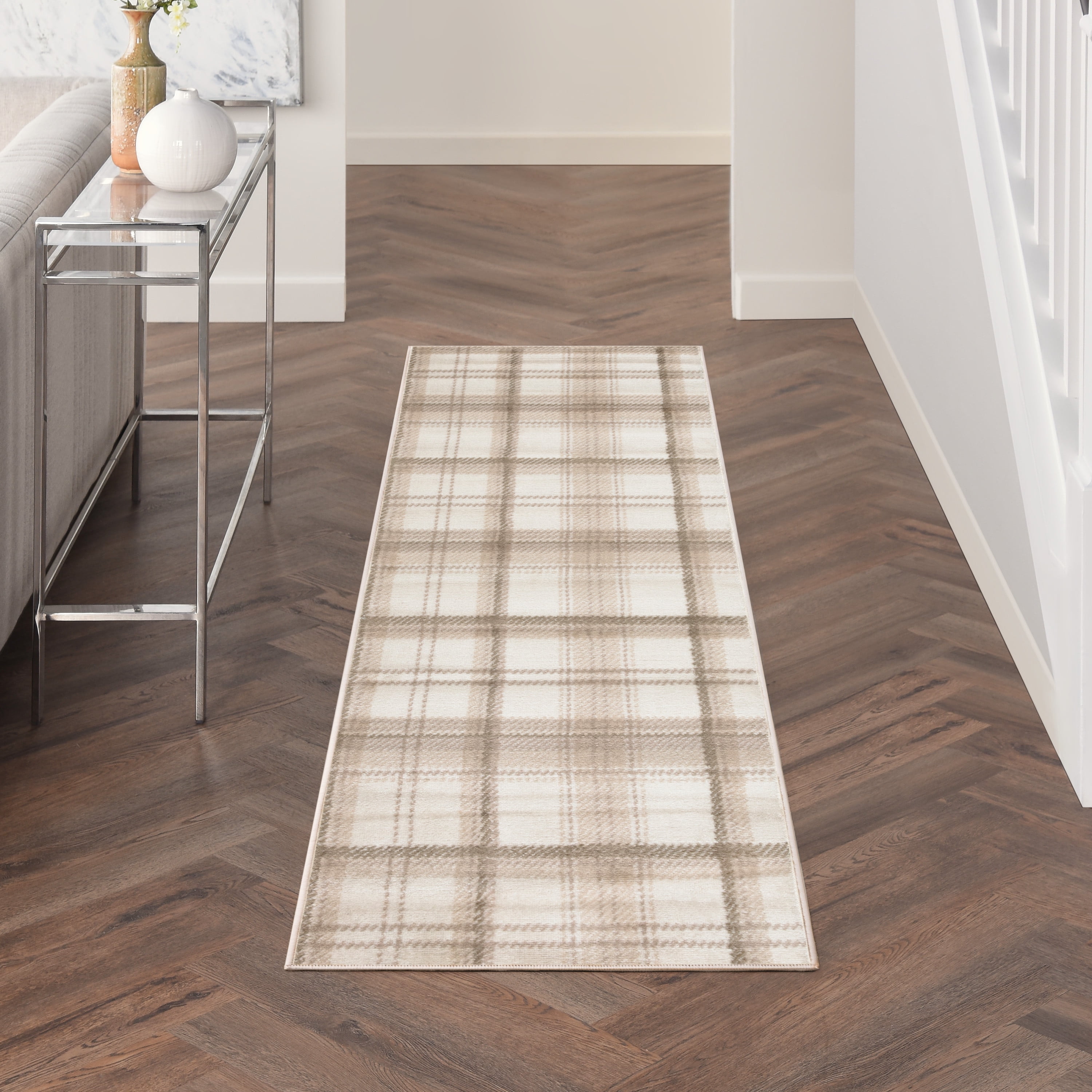 Ivory Beige Plaid Power-Loomed Runner Rug 2'3" x 7'6"