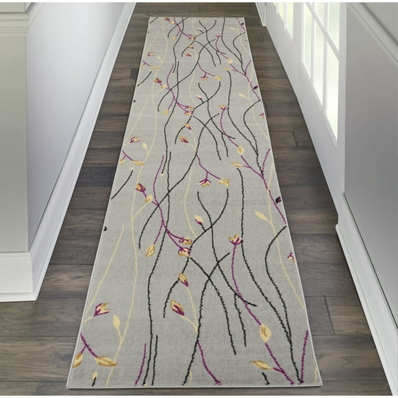 Nourison Grafix Transitional Botanical Grey 2'3" x 12' Area Rug, (12' Runner)