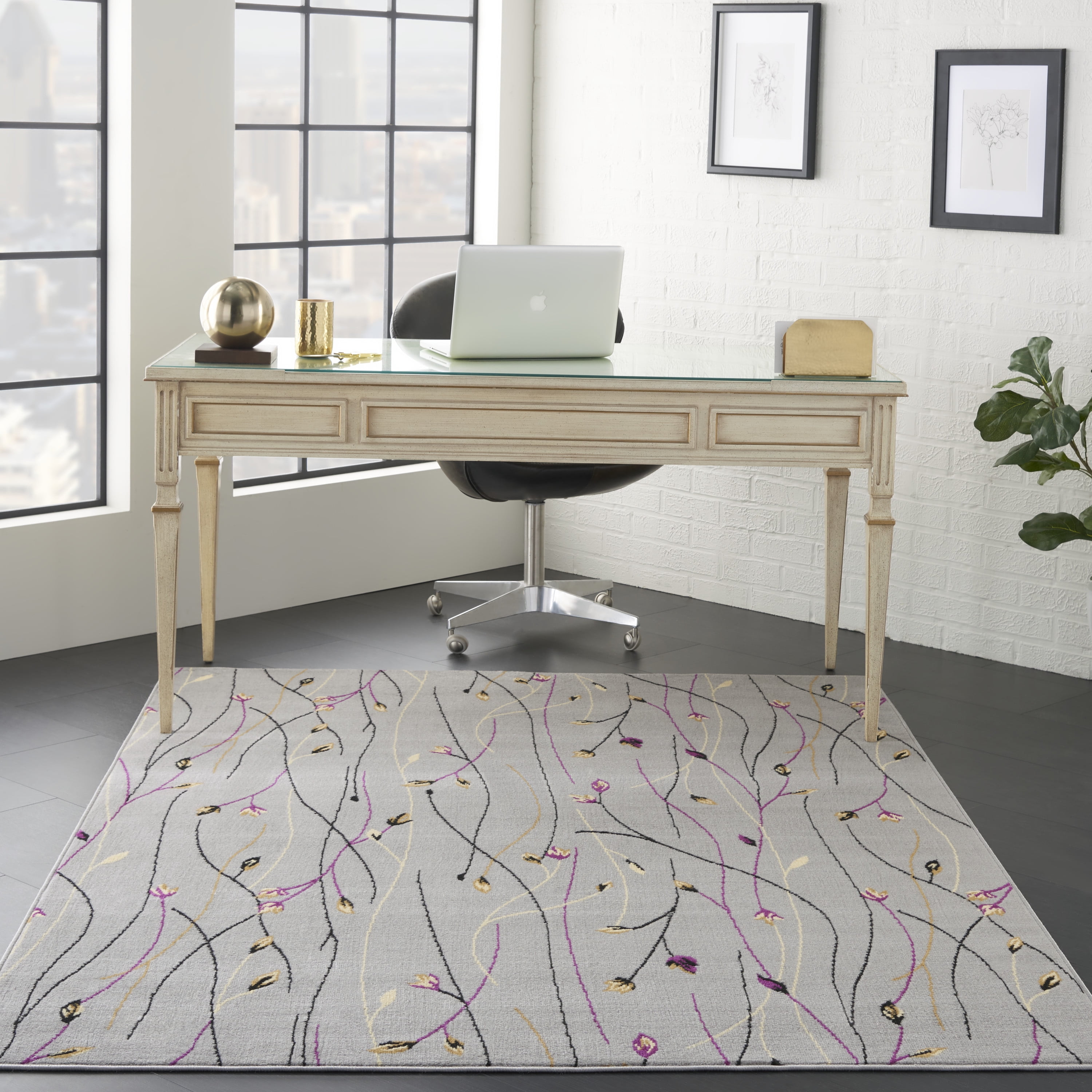 Floral Vine Elegance 6' x 9' Gray Synthetic Area Rug