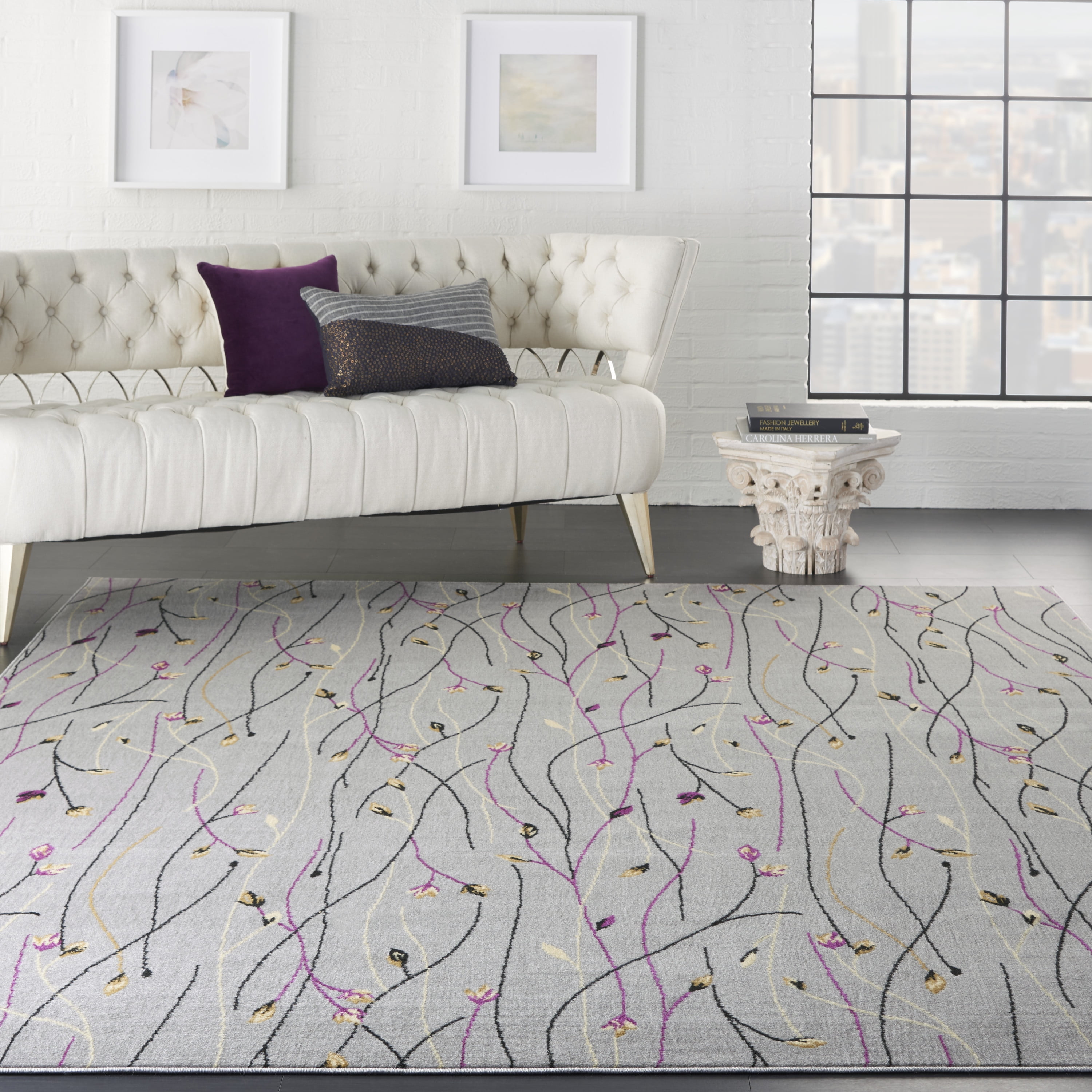 Gray Floral Synthetic Reversible 10' x 14' Area Rug