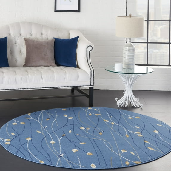 Nourison Grafix Transitional Botanical Light Blue 5'3" x ROUND Area Rug, (5' Round)