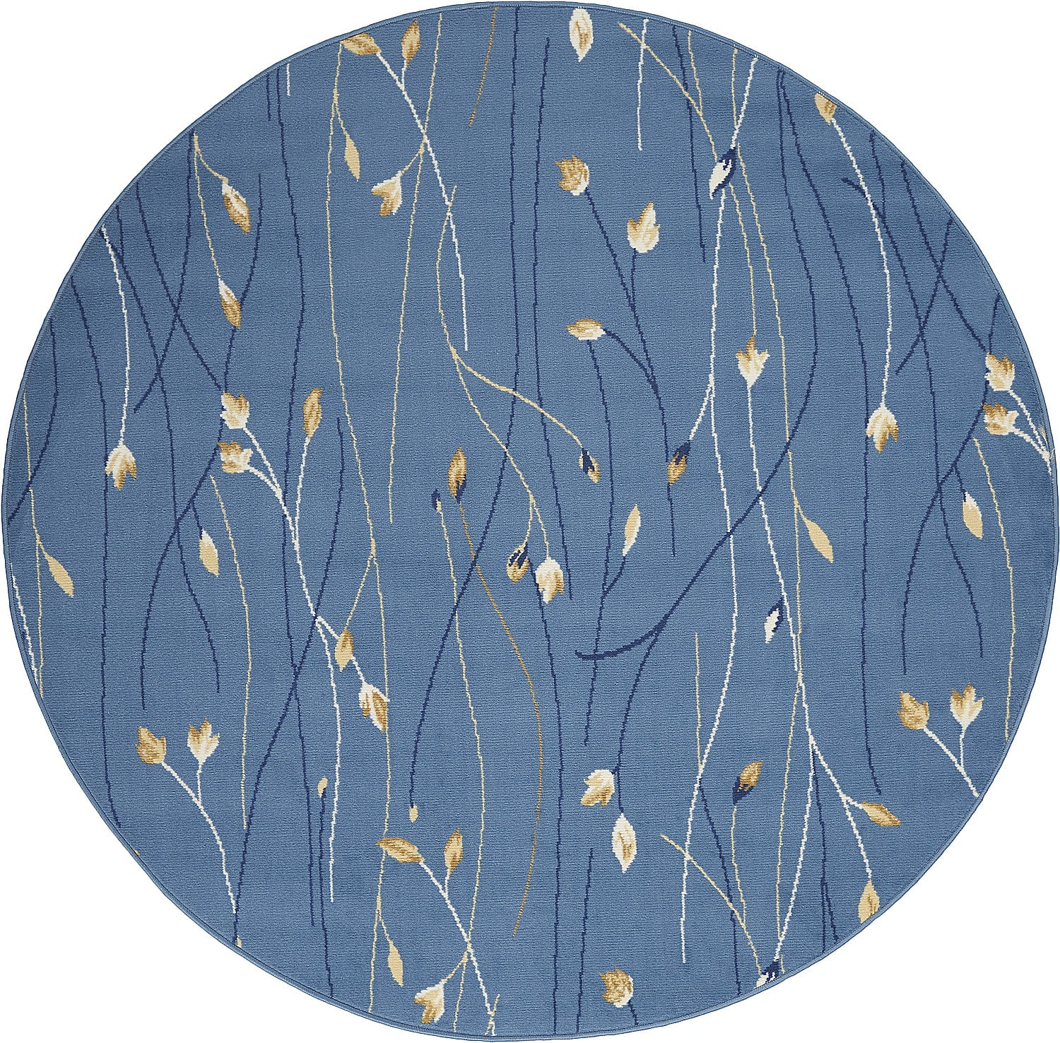 Light Blue Floral Round Synthetic Area Rug 5'3"