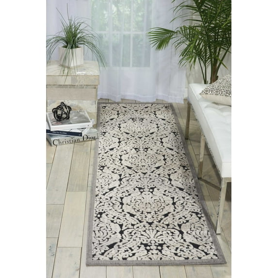 Nourison Graphic Illusions 2'3" x 8' Black Damask Indoor Rug