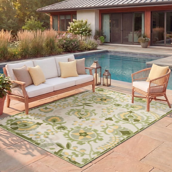 Nourison Aloha Floral Textured Flatweave High-Low Indoor Outdoor Area Rug Ivory Green 3'6" x 5'6"