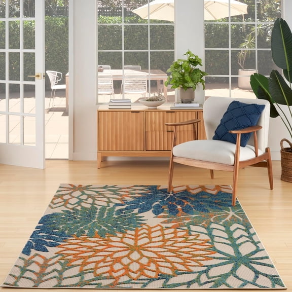 Nourison Home Aloha Indoor/Outdoor Green 5'3" x 7'5" Area Rug, Tropical, Botanical, Easy Clean, Non Shedding, Bed Room, Living Room, Dining Room, Deck, Backyard, Patio (5x7)