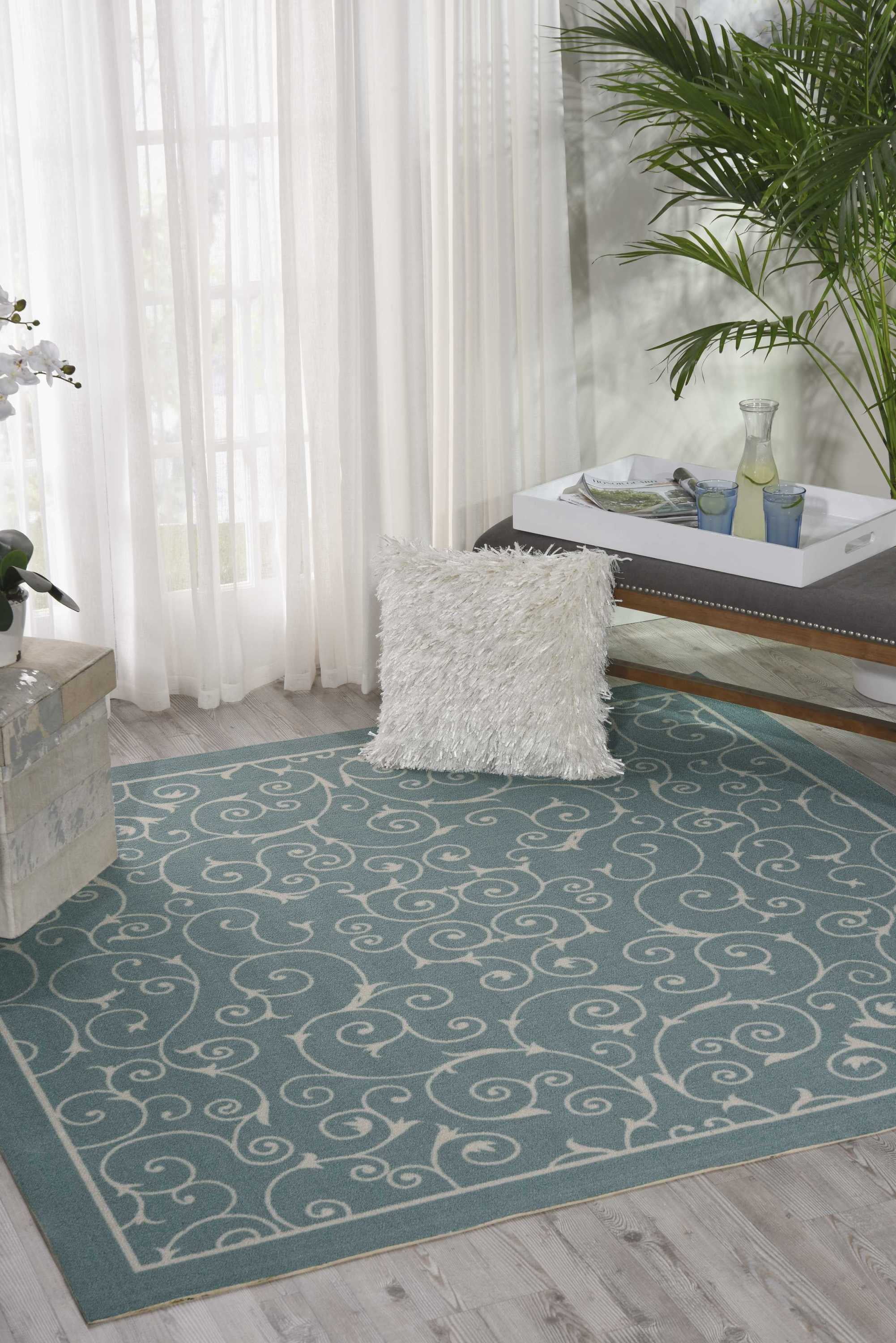 Light Blue Floral Square Easy-Care Indoor/Outdoor Area Rug