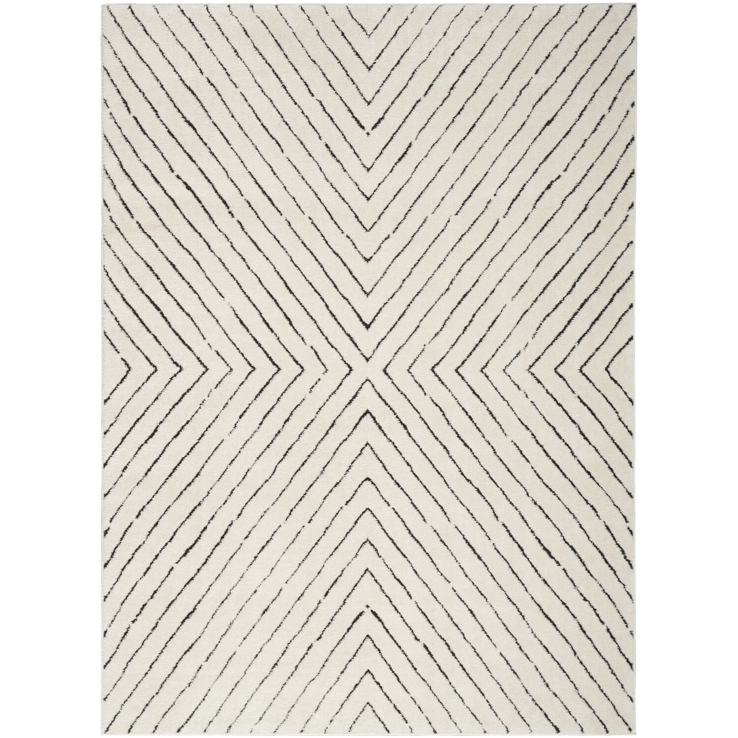 Ivory and Black Chevron Striped 5' x 7' Synthetic Area Rug