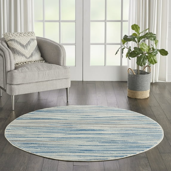 Nourison Jubilant Abstract Striped Blue 5'3" x ROUND Area Rug, (5' Round)