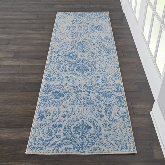 Nourison Jubilant Distressed Damask Blue 2'3" x 7'3" Area Rug, (7' Runner)