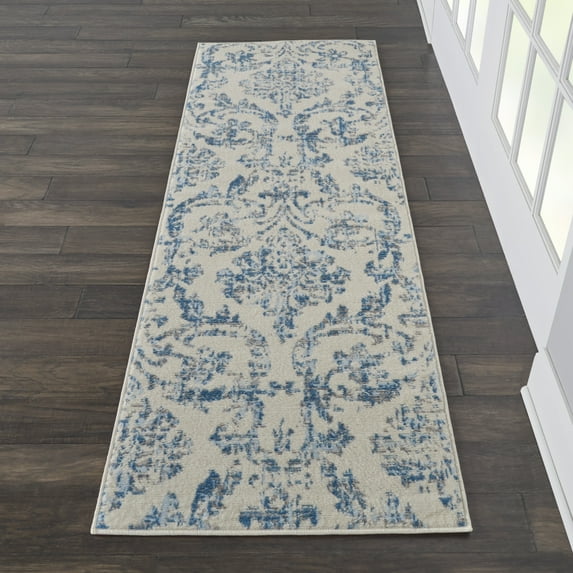 Nourison Jubilant Distressed Damask Ivory/Blue 2'3" x 7'3" Area Rug, (7' Runner)