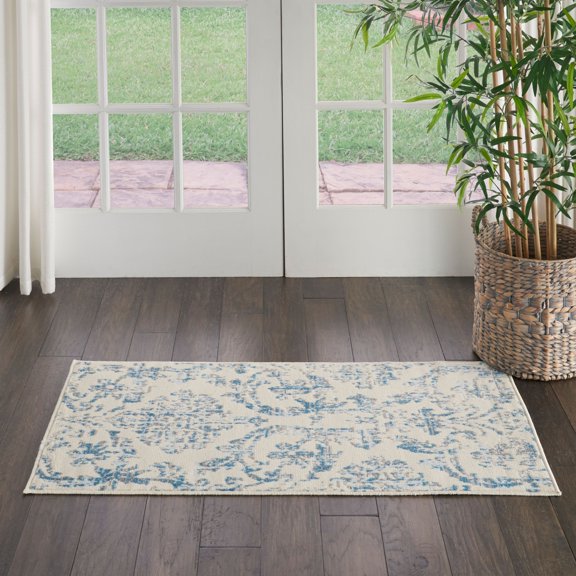 Nourison Jubilant Distressed Damask Ivory/Blue 2' x 4' Area Rug, (2' x 4')