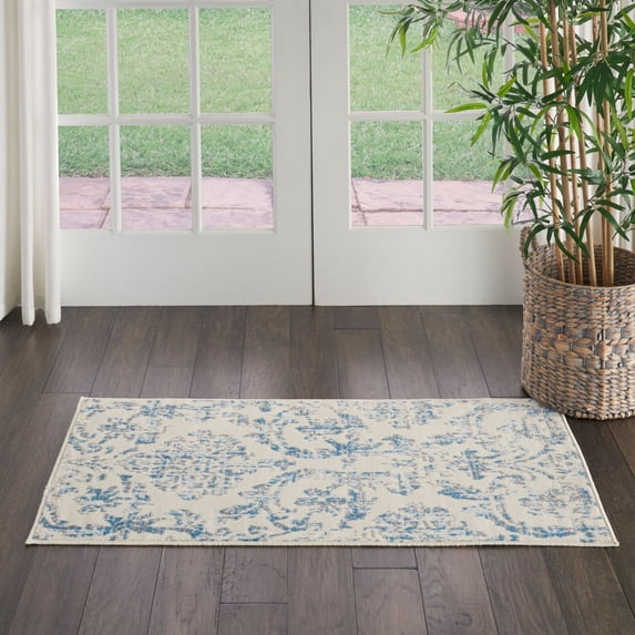 Nourison Jubilant Distressed Damask Ivory/Blue 2' x 4' Area Rug, (2' x 4')