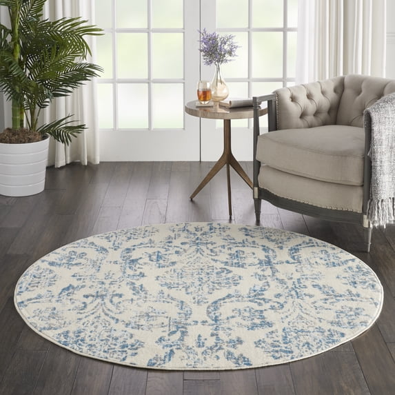 Nourison Jubilant Distressed Damask Ivory/Blue 5'3" x ROUND Area Rug, (5' Round)