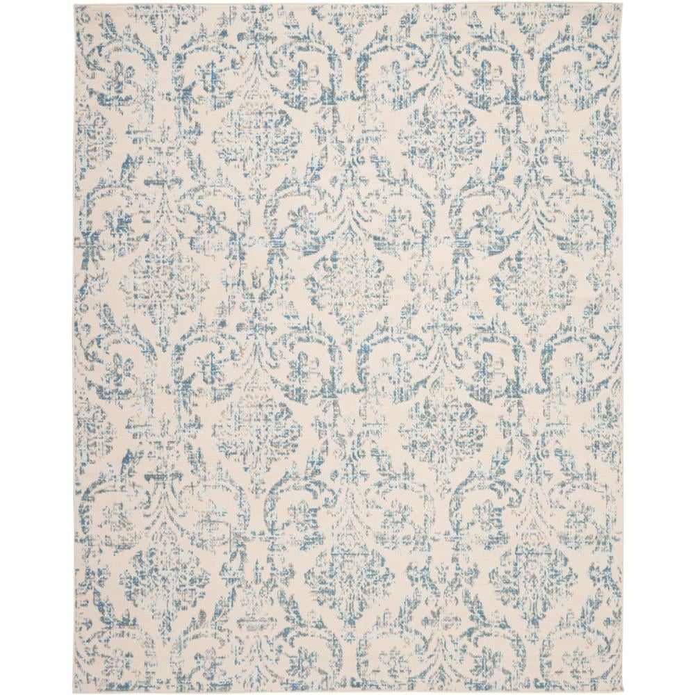 Elegant Ivory and Blue Damask 7' x 10' Synthetic Area Rug
