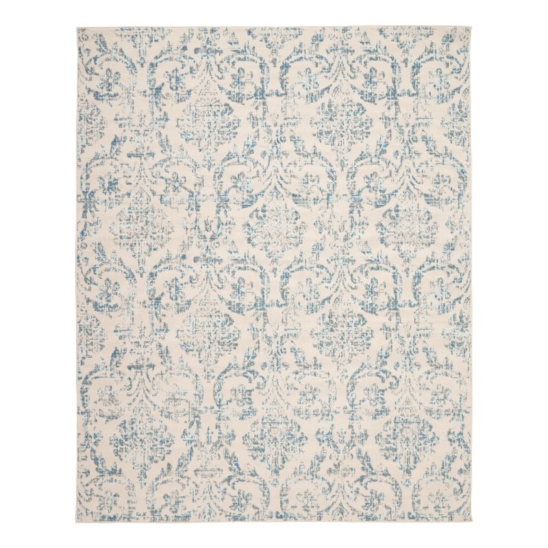 Elegant Ivory and Blue Damask 7' x 10' Synthetic Area Rug