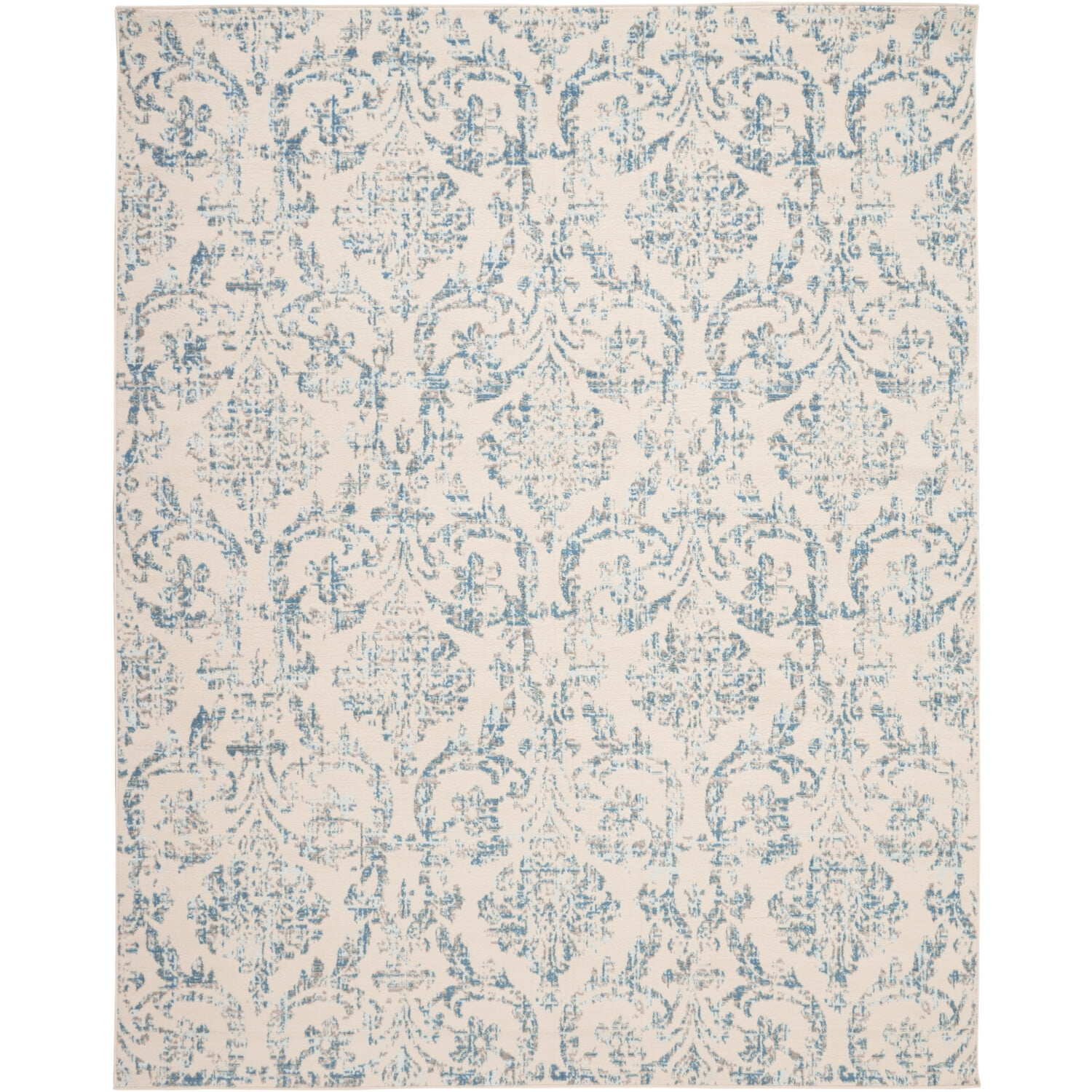 Elegant Ivory and Blue Damask 7' x 10' Synthetic Area Rug