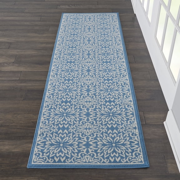 Nourison Jubilant Geometric Floral Ivory/Blue 2'3" x 7'3" Area Rug, (7' Runner)
