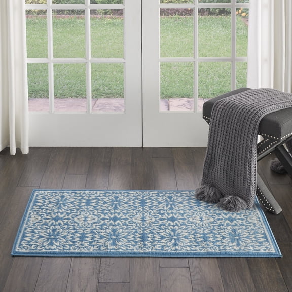 Nourison Jubilant Geometric Floral Ivory/Blue 2' x 4' Area Rug, (2' x 4')