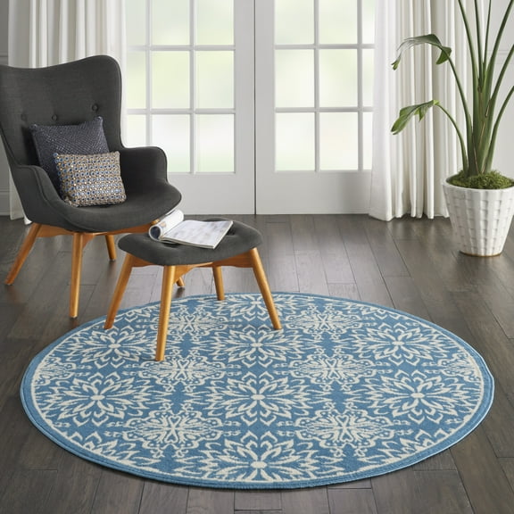 Nourison Jubilant Geometric Floral Ivory/Blue 5'3" x round Area Rug, (5' Round)