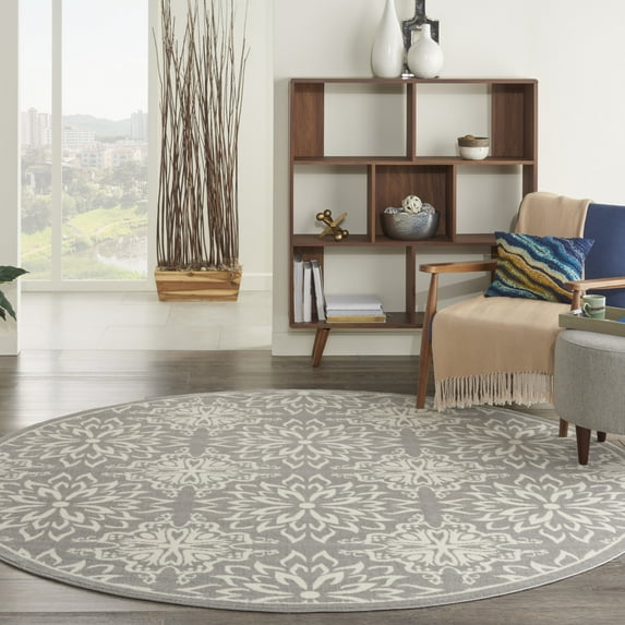Nourison Jubilant Geometric Floral Ivory/Grey 8' x ROUND Area Rug, (8' Round)