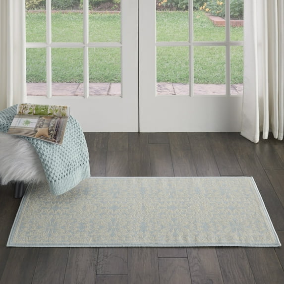 Nourison Jubilant Geometric Floral Ivory/Light Blue 2' x 4' Area Rug, (2' x 4')