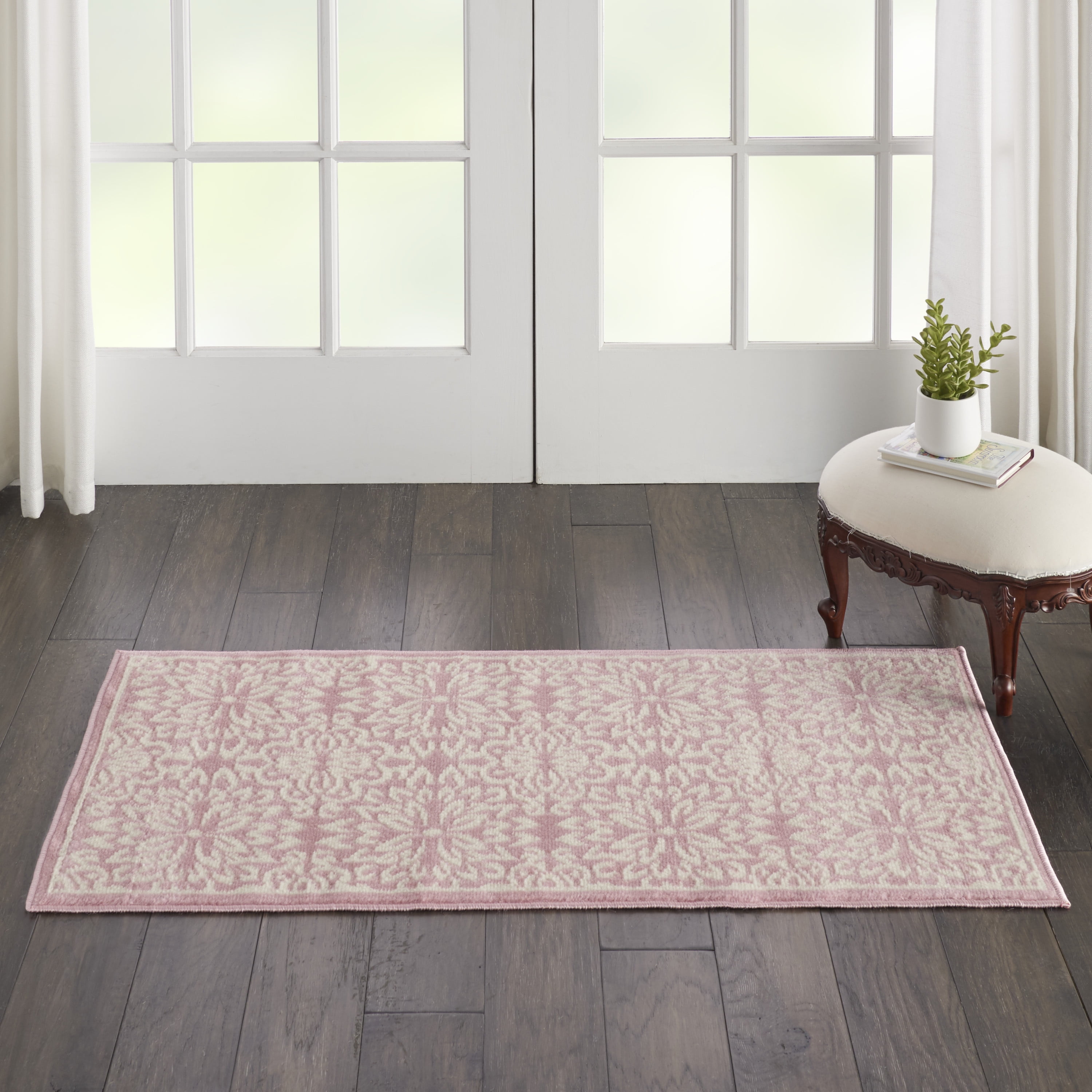 Hand-Knotted Ivory/Pink Floral Synthetic Easy-Care Rug 2' x 4'